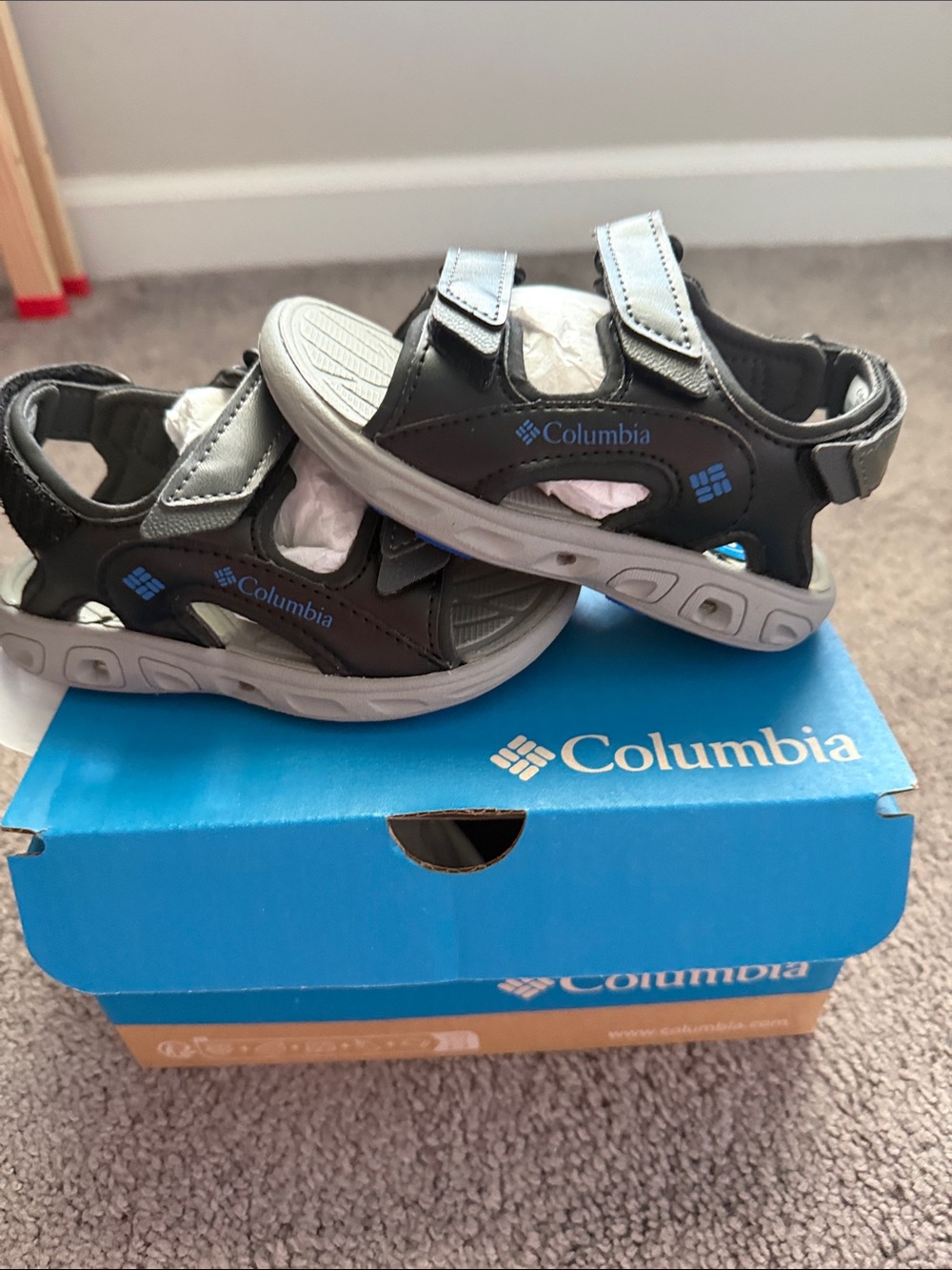 Columbia Kids Black and Light Gray Sport Sandals with Blue Accents